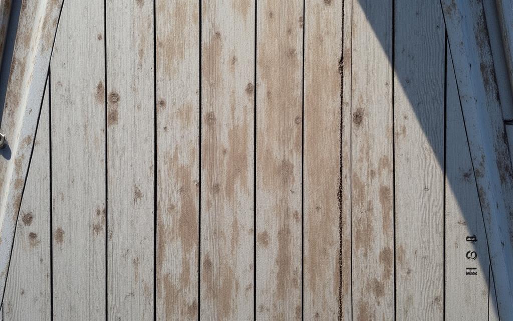 A weathered, grey, and worn-out teak deck on a yacht before restoration.