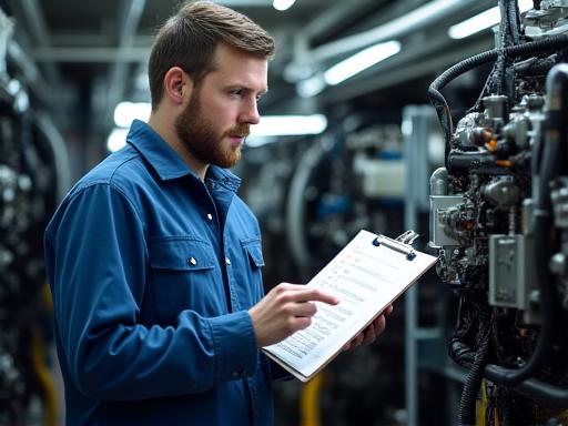 A technician with a checklist inspecting a yacht engine room.